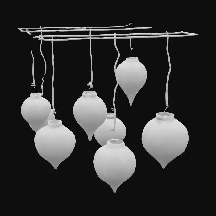 3D model for Low-poly paper lanterns shaped like leaves with glowing cores, suspended from twine vine cords, stylized ambient lighting.