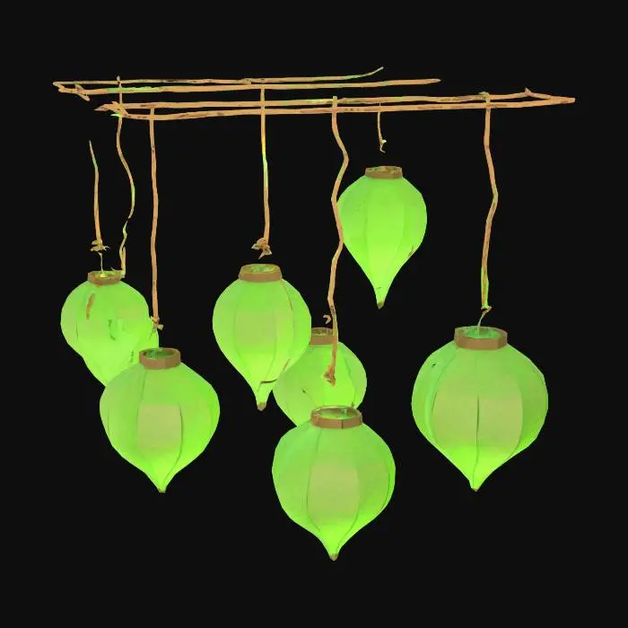 3D model for Low-poly paper lanterns shaped like leaves with glowing cores, suspended from twine vine cords, stylized ambient lighting.