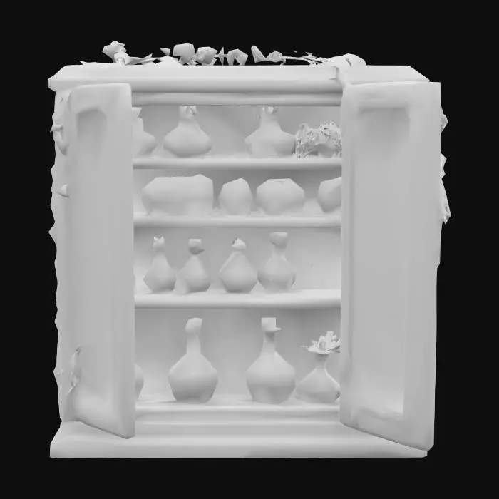 3D model for Low-poly open cabinet filled with glowing potion vials in pastel colors, flower corks and floating shelf vines, stylized alchemy merchant display.