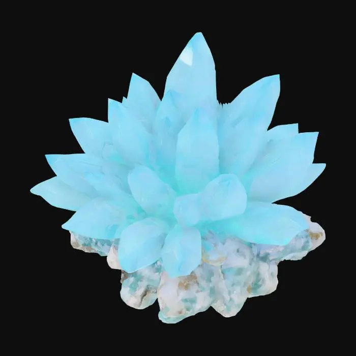 3D model for Object: Decorative mineral cluster
Material: Salt crystal, glowing shards
Shape/Form: Pointed overlapping shard fans
Color Scheme: Aqua, white, blue sparkles
Texture Details: Translucent glow core
Style: Stylized
Environment: Collectible, decoration, or crafting node


#ocean#