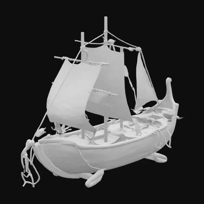 3D model for Object: Mobile living barge
Material: Driftwood, flower sails, seaweed ropes
Shape/Form: Curved wooden base with arch shelter
Color Scheme: Moss green, coral pink, beige
Texture Details: Weathered wood, floral pattern cloth
Style: Stylized
Environment: Floating fairy vendor boat #ocean#