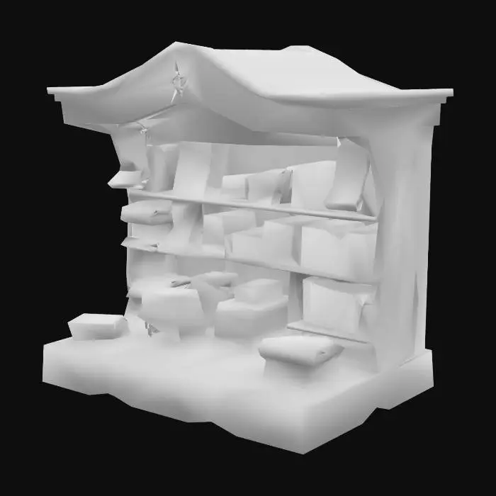 3D model for Object: Spellbook and scroll stall
Material: Weathered wood, parchment scroll racks, floating shelves
Shape/Form: Book-heavy stall with levitating tomes and quill displays
Color Scheme: Sepia, gold, magical glow hues
Texture Details: Cracked leather, glowing ink, aged parchment
Style: Realistic magical
Environment/Use Context: Arcane alley of the enchanted marketplace



