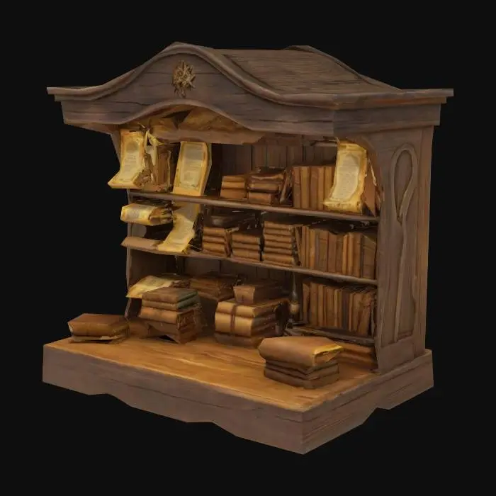 3D model for Object: Spellbook and scroll stall
Material: Weathered wood, parchment scroll racks, floating shelves
Shape/Form: Book-heavy stall with levitating tomes and quill displays
Color Scheme: Sepia, gold, magical glow hues
Texture Details: Cracked leather, glowing ink, aged parchment
Style: Realistic magical
Environment/Use Context: Arcane alley of the enchanted marketplace



