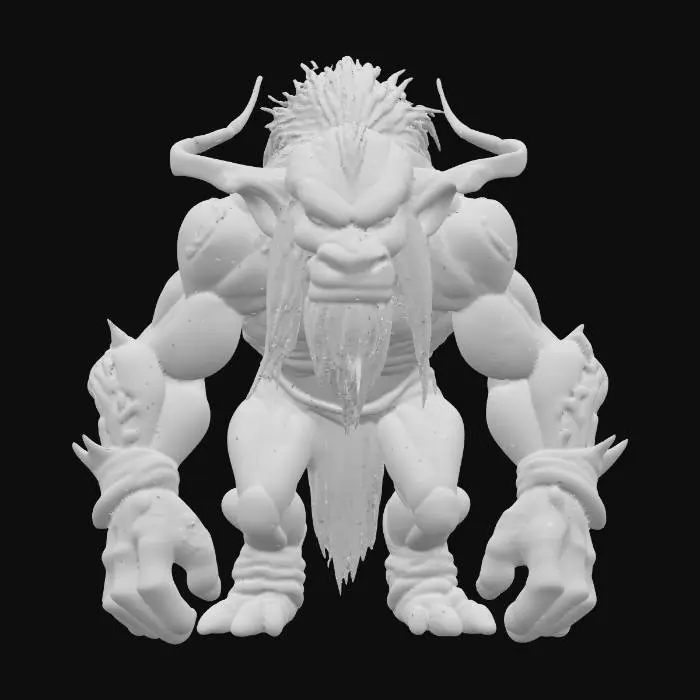 3D model for Fantasy creature in a highly detailed, semi-realistic digital art style with sculpted, stone-like textures, intricate runic carvings, stylized proportions, rich shading, and dynamic flowing hair.