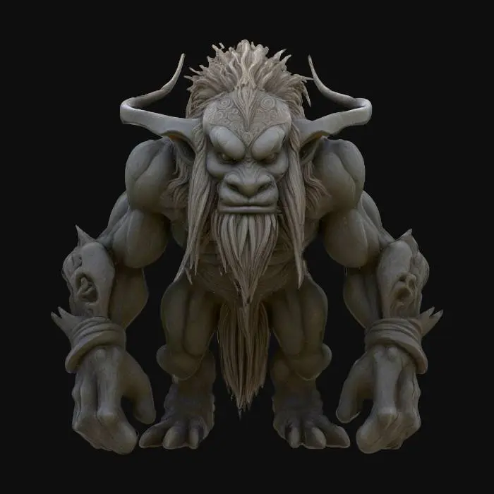 3D model for Fantasy creature in a highly detailed, semi-realistic digital art style with sculpted, stone-like textures, intricate runic carvings, stylized proportions, rich shading, and dynamic flowing hair.