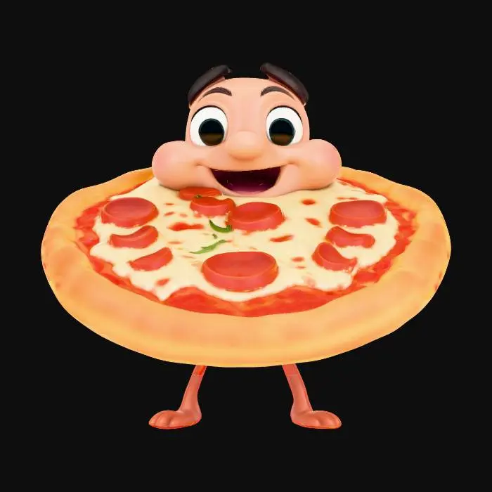 3D model for A delicious pizza with melted cheese, pepperoni, and crisp crust, designed in a vibrant, highly polished 3D Disney-Pixar character style, rounded features, expressive cartoon charm, clear background style