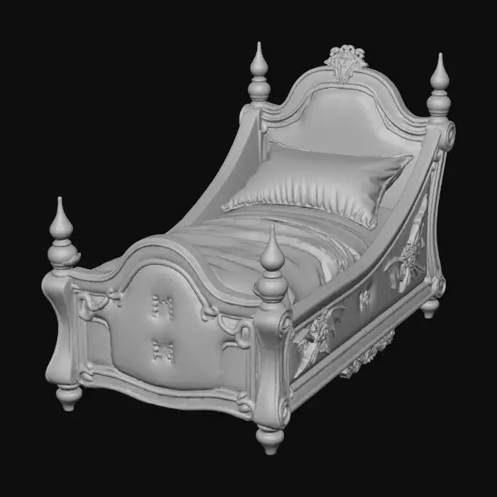 3D model for Create a whimsical, gothic-inspired kids’ vampire bed designed for a fantasy bedroom. The bed frame should resemble a miniature coffin with soft, rounded edges for safety and comfort. Use deep burgundy velvet for the mattress and pillow, with black wood or wrought iron detailing. Add playful bat wing motifs on the headboard and footboard, and subtle fang-shaped carvings along the sides. Include glowing red accents or magical runes to suggest enchantment. The overall vibe should be spooky-cute — perfect for a young vampire child in a magical world.