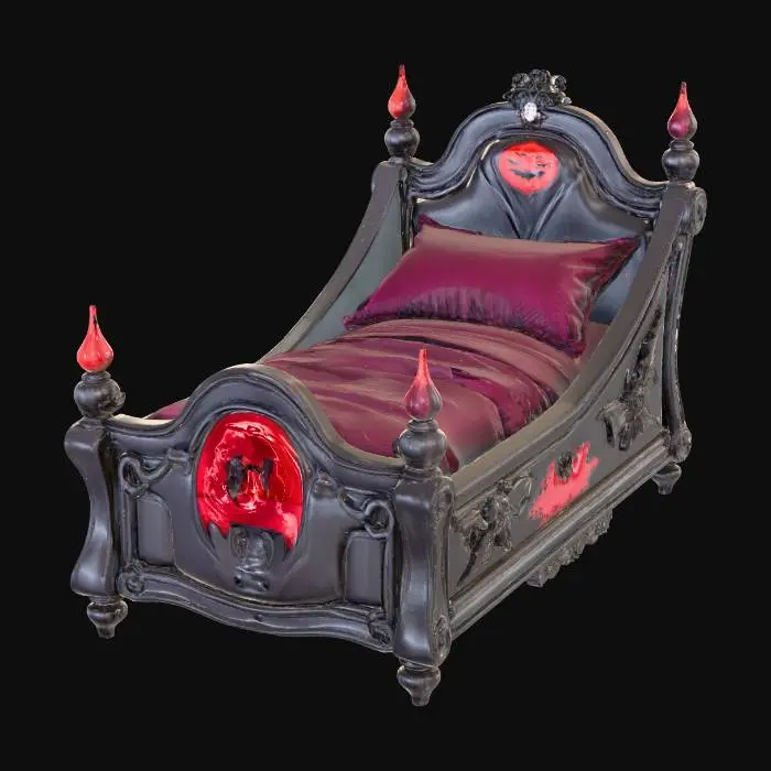 3D model for Create a whimsical, gothic-inspired kids’ vampire bed designed for a fantasy bedroom. The bed frame should resemble a miniature coffin with soft, rounded edges for safety and comfort. Use deep burgundy velvet for the mattress and pillow, with black wood or wrought iron detailing. Add playful bat wing motifs on the headboard and footboard, and subtle fang-shaped carvings along the sides. Include glowing red accents or magical runes to suggest enchantment. The overall vibe should be spooky-cute — perfect for a young vampire child in a magical world.