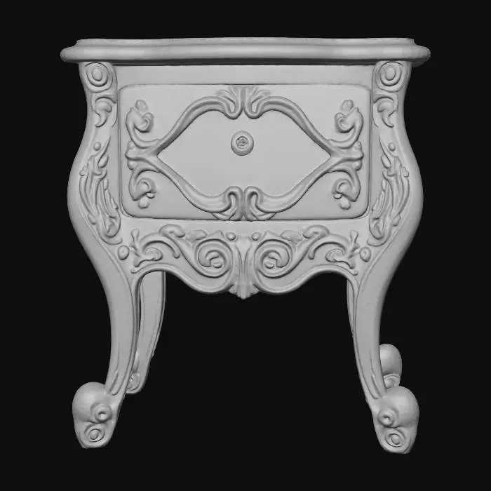 3D model for Create a charming princess-style bedside table with curved legs and a single drawer. Use a glossy finish in soft pink or pearl white, with gold accents and a crystal drawer knob. The tabletop should hold a small lamp, a storybook, and a magical trinket box. Include subtle carvings of hearts, stars, or vines. The design should be delicate, enchanting, and fit for a fairy-tale setting.