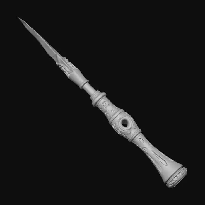3D model for Create a fiery wand forged from scorched obsidian and dragonbone. The shaft should glow with ember-like veins, and the tip should flicker with animated flame. Add flame-shaped carvings and a handle wrapped in charred leather. The wand should radiate heat and power — perfect for a fire mage or pyromancer.