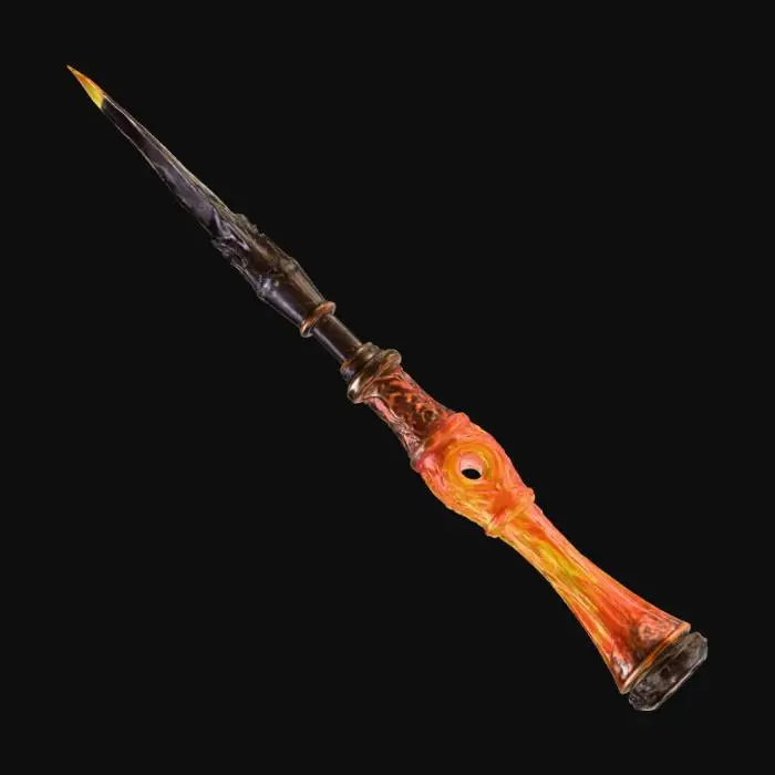 3D model for Create a fiery wand forged from scorched obsidian and dragonbone. The shaft should glow with ember-like veins, and the tip should flicker with animated flame. Add flame-shaped carvings and a handle wrapped in charred leather. The wand should radiate heat and power — perfect for a fire mage or pyromancer.
