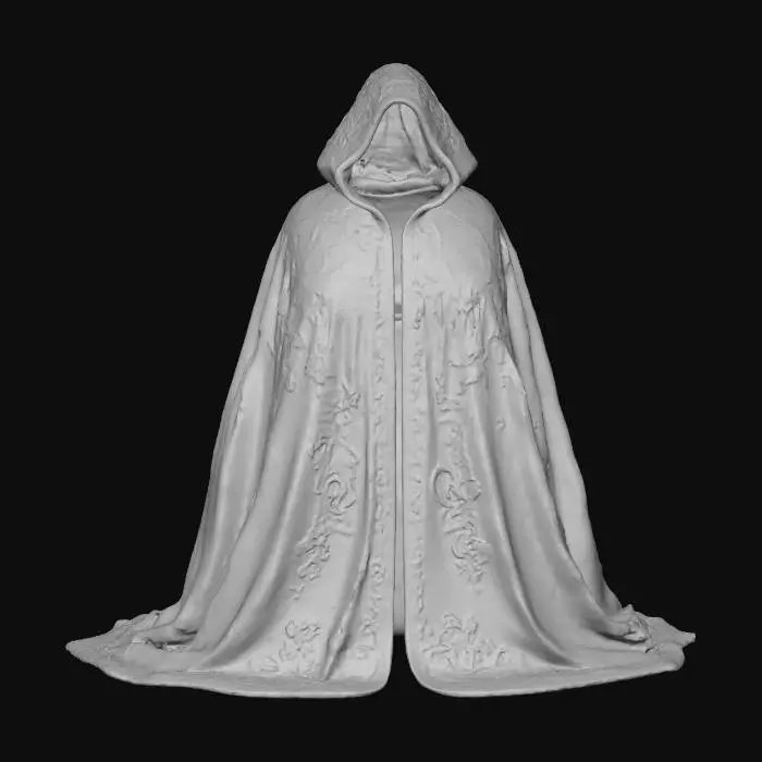 3D model for Midnight blue velvet cloak with silver embroidery of crescent moons and ivy vines