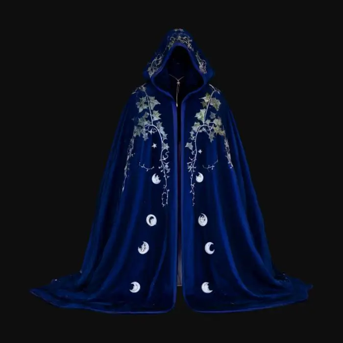 3D model for Midnight blue velvet cloak with silver embroidery of crescent moons and ivy vines