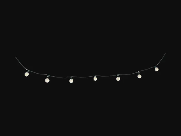 3D model for string lights with 10 round emissive white lights glowing in equal distances along the string