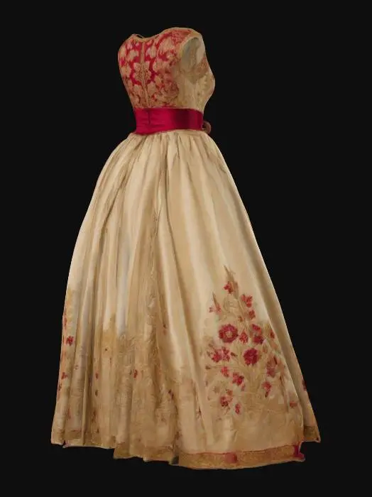 3D model for A pageant-style empty dress made of glowing, emissive blue and white Christmas lights, with a light blue bodice with silver embroidery