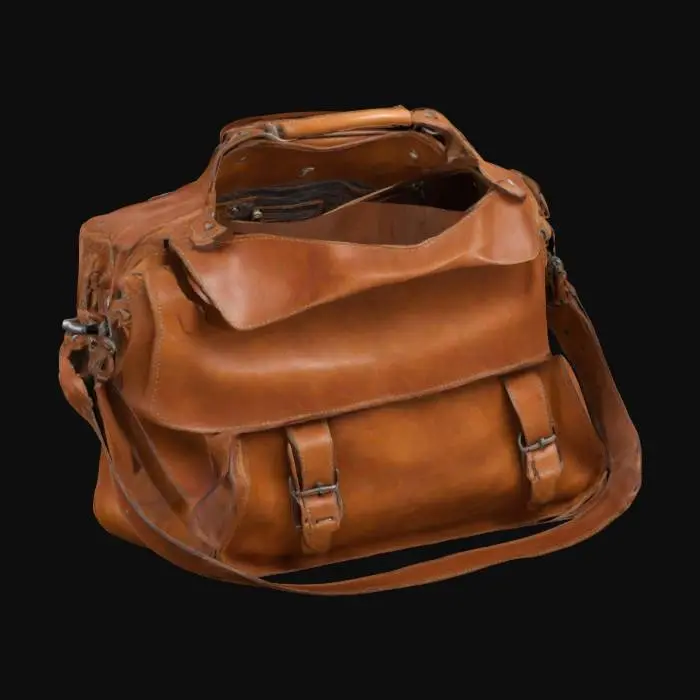 3D model for a highly realistic, open leather satchel with nothing inside.