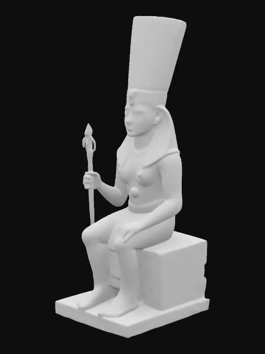 3D model for A seated statue of Amun-Ra, ancient Egyptian god of the sun and creation, depicted with a tall double-plumed crown and a false beard, holding an ankh and a was-scepter, wearing an ornate kilt. The statue is carved from dark basalt or obsidian, partially covered with gold leaf and inlaid precious stones. Seated on a ceremonial throne inside a small, shadowy temple sanctuary. Surrounded by incense bowls and torchlight. Highly detailed, realistic, ancient style, museum-quality, cinematic lighting, 4K resolution.
