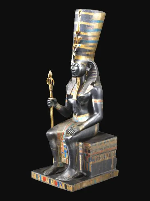 3D model for A seated statue of Amun-Ra, ancient Egyptian god of the sun and creation, depicted with a tall double-plumed crown and a false beard, holding an ankh and a was-scepter, wearing an ornate kilt. The statue is carved from dark basalt or obsidian, partially covered with gold leaf and inlaid precious stones. Seated on a ceremonial throne inside a small, shadowy temple sanctuary. Surrounded by incense bowls and torchlight. Highly detailed, realistic, ancient style, museum-quality, cinematic lighting, 4K resolution.

