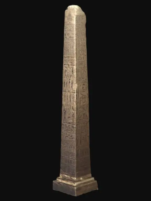3D model for Ancient Egyptian obelisk. Surface completely covered in hieroglyphs. Highly detailed, realistic, antique-style, museum-quality, cinematic lighting, 4K resolution.