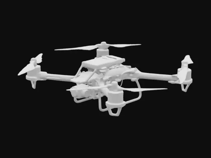 3D model for Compact FPV quadcopter with a lightweight frame, 4 tri-blade propellers, brushless motors, top-mounted LiPo battery, and a front camera mount. Ideal for racing or hobby use