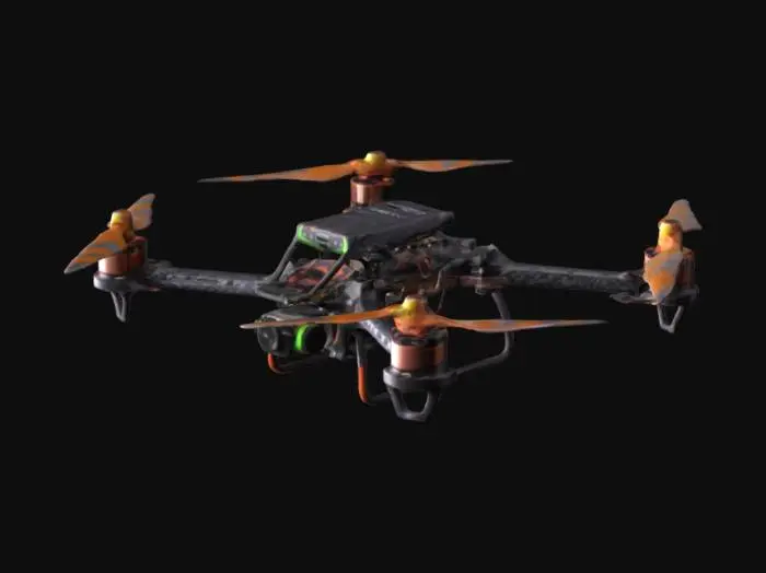 3D model for Compact FPV quadcopter with a lightweight frame, 4 tri-blade propellers, brushless motors, top-mounted LiPo battery, and a front camera mount. Ideal for racing or hobby use