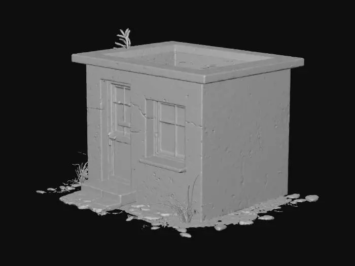 3D model for 4k soft stylized PBR textures for concrete walls, painted metal trims, dusty glass, rubber window seals, weathered signage area, and slightly corroded metal panels. Dirt buildup at wall base, subtle cracks, desaturated pastel colors. Roof surface: matte, slightly dirty. Tape on broken window: matte, slightly wrinkled. “CLOSED” sign: faded paint, small chips. BaseColor, Roughness, Normal, Metallic, AO maps. No baked lighting, no texture stretching, soft stylized PBR finish.