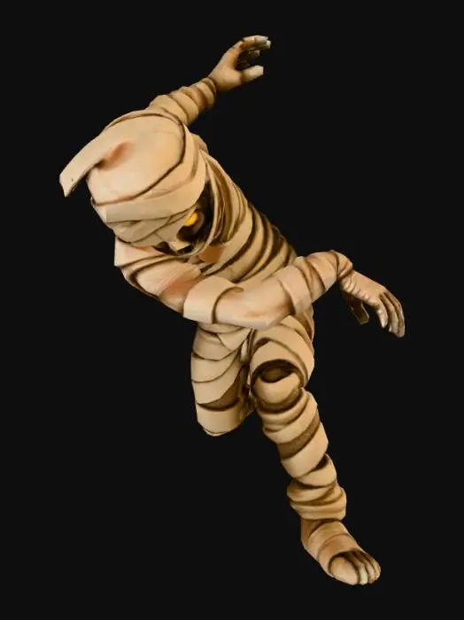3D model for A highly detailed, realistic figurine of a mummy. The mummy is entirely wrapped in aged, textured brown bandages. Its eyes glow with a bright, eerie yellow light. The figure has a lifelike appearance with well-defined musculature suggested beneath the bandages. Set against a plain white background, in a photorealistic style, high resolution