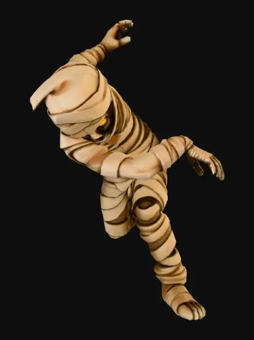 3D model for A highly detailed, realistic figurine of a mummy. The mummy is entirely wrapped in aged, textured brown bandages. Its eyes glow with a bright, eerie yellow light. The figure has a lifelike appearance with well-defined musculature suggested beneath the bandages. Set against a plain white background, in a photorealistic style, high resolution