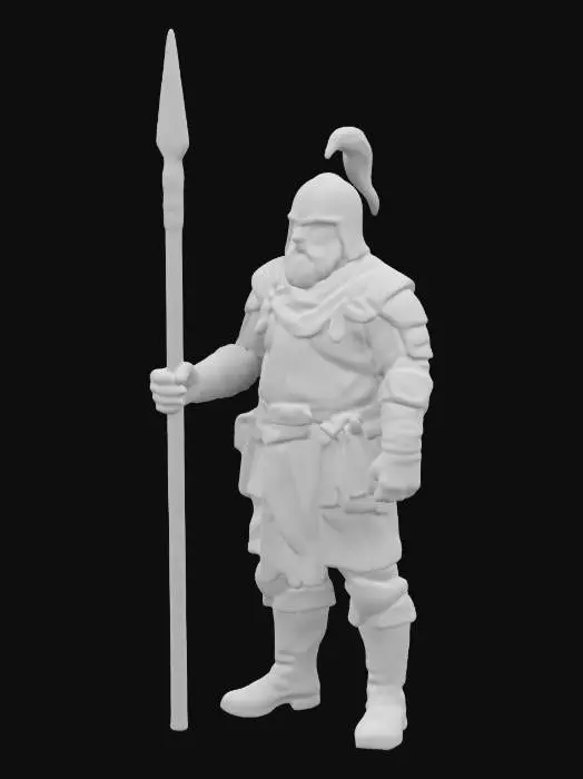 3D model for small size model. Detail. A man in leather armor with a simple spear and a helmet with an aventail