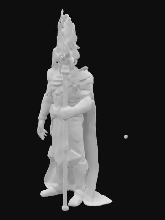 3D model for маг-пиромант, среднего телосложения, экипирован в плащ огненного цвета, с элементами металлических наплечников, латные рукавицы, поножи защищают ноги. Головной убор: магический шлем. В правой руке держит магический посох.