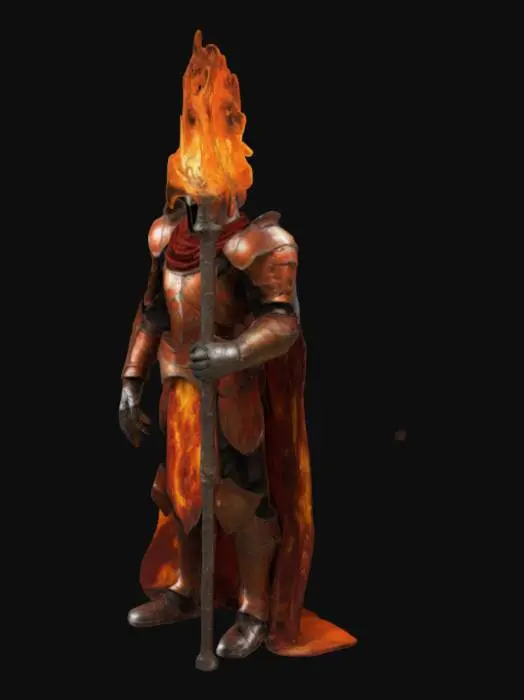 3D model for маг-пиромант, среднего телосложения, экипирован в плащ огненного цвета, с элементами металлических наплечников, латные рукавицы, поножи защищают ноги. Головной убор: магический шлем. В правой руке держит магический посох.