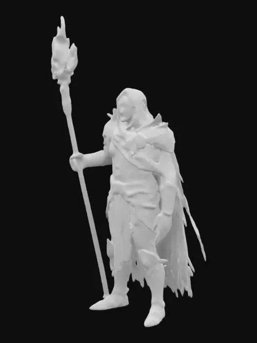 3D model for маг-пиромант, среднего телосложения, экипирован в простой рваный плащ огненного цвета, с элементами металлических наплечников, латные рукавицы, поножи защищают ноги. Головной убор: магический шлем не закрывающий лицо. В правой руке держит магический посох.
