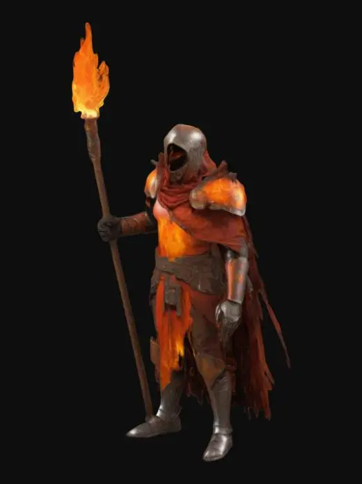 3D model for маг-пиромант, среднего телосложения, экипирован в простой рваный плащ огненного цвета, с элементами металлических наплечников, латные рукавицы, поножи защищают ноги. Головной убор: магический шлем не закрывающий лицо. В правой руке держит магический посох.
