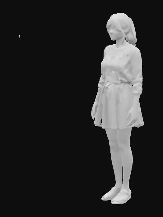 3D model for Full Body Woman Game Character, shy, Chubby European woman teacher. She is wearing tan nylon pantyhose paired with dorky Birkenstock sandals. Her hair is in a low ponytail with bangs. She also wears a long pleated tweed skirt and an untucked wool cardigan, giving her a modest, comfortable appearance.