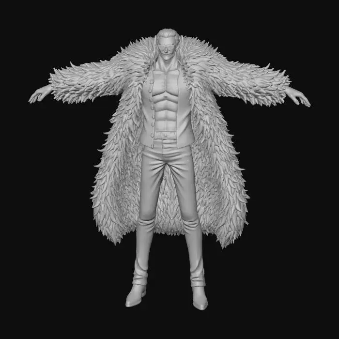 3D model for Create a high-quality 3D model of Donquixote Doflamingo from One Piece, fully detailed and accurate to the anime/manga design.

Pose : Character must be in a perfect T-pose, standing upright, legs straight, arms extended horizontally, hands relaxed and facing downward. No dynamic pose.

Body & proportions : Tall, slim but muscular male body, long legs, confident posture, defined torso and abs.

Clothing & accessories :

Large pink feather coat, very fluffy and voluminous, extending down the back.

White open shirt revealing the chest.

Tight red pants with a vertical white swirl pattern.

Light-colored pointed shoes.

Signature sunglasses: thin, sharp-edged, purple-pink lenses.

Head & hair :

Blonde slicked-back hair.

Smiling or neutral expression.