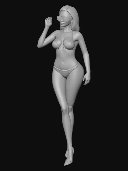 3D model for A highly detailed, realistic 3D female grid girl model, standing in a confident pose. She is wearing a modern bikini (no umbrella), elegant closed high-heel pumps, and stylish sunglasses. Athletic yet feminine body proportions, smooth skin topology, natural anatomy, neutral facial expression. Hair styled neatly, suitable for racing event atmosphere. Clean quad-based topology, symmetrical mesh, production-ready for rendering and animation. PBR materials, realistic skin shader, high-resolution textures, studio lighting, neutral background.