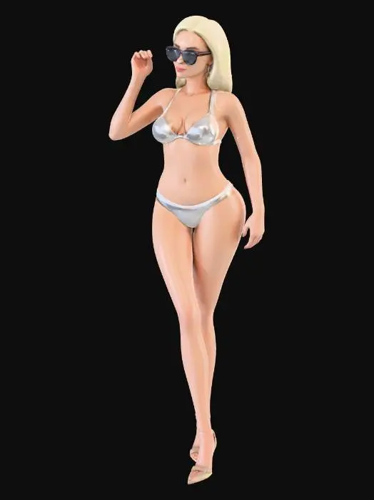 3D model for A highly detailed, realistic 3D female grid girl model, standing in a confident pose. She is wearing a modern bikini (no umbrella), elegant closed high-heel pumps, and stylish sunglasses. Athletic yet feminine body proportions, smooth skin topology, natural anatomy, neutral facial expression. Hair styled neatly, suitable for racing event atmosphere. Clean quad-based topology, symmetrical mesh, production-ready for rendering and animation. PBR materials, realistic skin shader, high-resolution textures, studio lighting, neutral background.
