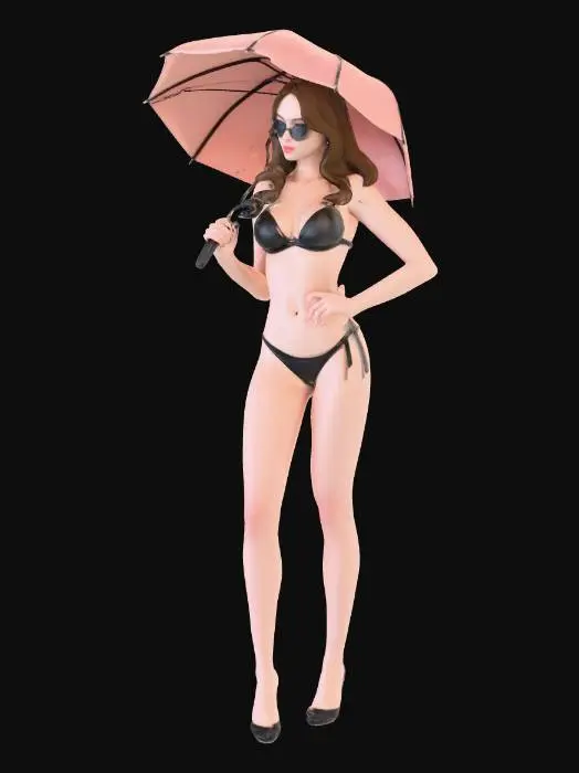 3D model for A highly detailed, realistic 3D female grid girl model, standing in a confident pose. She is wearing a small bikini and holding an umbrella, elegant closed high-heel pumps, and stylish sunglasses. Athletic yet feminine body proportions, smooth skin topology, natural anatomy, neutral facial expression. Hair styled neatly, suitable for racing event atmosphere. Clean quad-based topology, symmetrical mesh, production-ready for rendering and animation. PBR materials, realistic skin shader, high-resolution textures, studio lighting, neutral background.