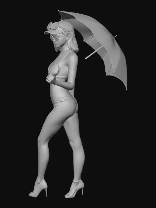 3D model for A highly detailed, realistic 3D female grid girl model with short haircut and basecap, standing in a confident pose. She is wearing a small bikini and holding an umbrella, elegant closed high-heel pumps, and stylish sunglasses. Athletic yet feminine body proportions, smooth skin topology, natural anatomy, neutral facial expression. Hair styled neatly, suitable for racing event atmosphere. Clean quad-based topology, symmetrical mesh, production-ready for rendering and animation. PBR materials, realistic skin shader, high-resolution textures, studio lighting, neutral background.