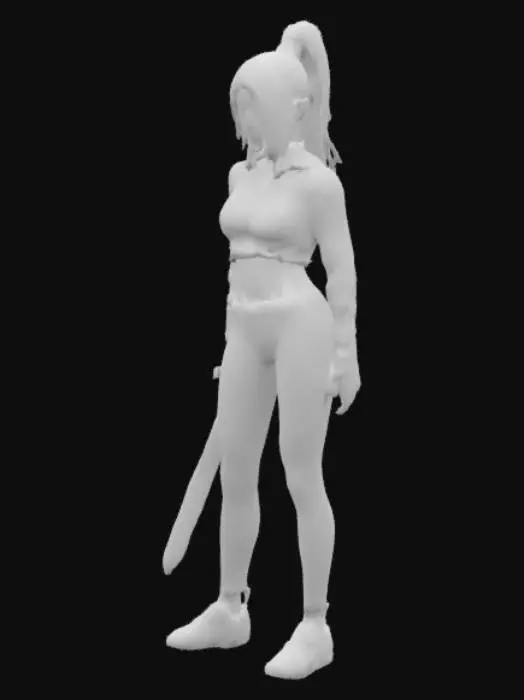 3D model for Una chica muy linda con traje deportivo super detallada con una espada en la mano derecha. La chica debe tener un peinado en cola de caballo y debe estar en posición de combate. La ropa debe ser color negro con amarillo. Su cabello será blanco.
