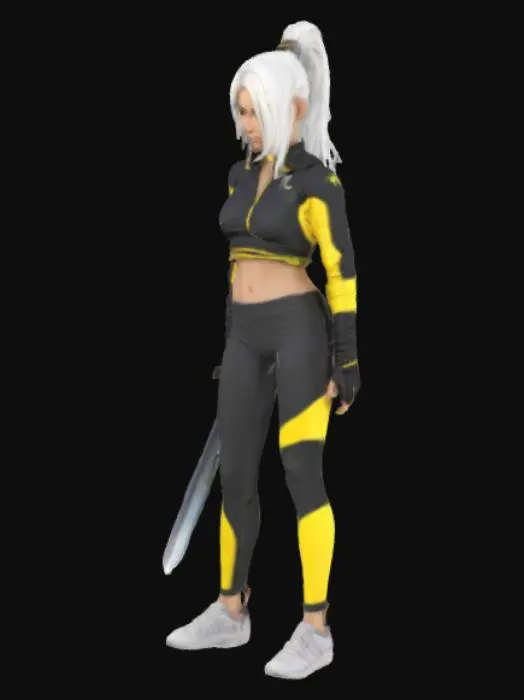 3D model for Una chica muy linda con traje deportivo super detallada con una espada en la mano derecha. La chica debe tener un peinado en cola de caballo y debe estar en posición de combate. La ropa debe ser color negro con amarillo. Su cabello será blanco.