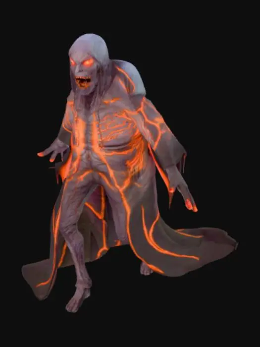 3D model for Create a high-detail, cinematic Halloween monster texture for a stylized humanoid creature. The skin should be dark purplish-gray with glowing orange veins and eerie bioluminescent cracks. Add a faint molten glow under the skin, like burning embers within. Highlight muscular details with deep shadows and rough skin pores. Include glowing red eyes, cracked horns, and dark claws. Give a mix of demonic and alien tones, slightly glossy wet look around the face and chest. Perfect for Unreal Engine or UEFN lighting, PBR-ready with BaseColor, Normal, Roughness, Metallic, and Ambient Occlusion maps. Make it horror-realistic but stylized for game visual balance — spooky, cinematic, and Halloween-ready