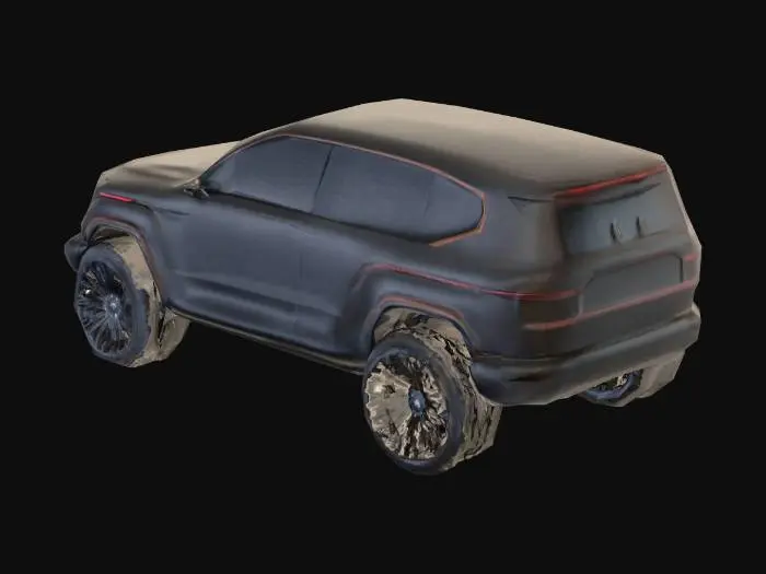 3D model for Футуристическая 3D-модель премиального внедорожника. Кузов выполнен из матового черного композитного материала с легкой сатиновой текстурой, поглощающей свет. Вдоль кузова и колесных арок встроены тонкие полосы едва заметного темного свечения. Окна полностью заменены непрозрачными, интегрированными черными панелями, создавая монолитный и бесшовный дизайн. Диски имеют сложный, многоспицевый рисунок, усиливая высокотехнологичный образ.