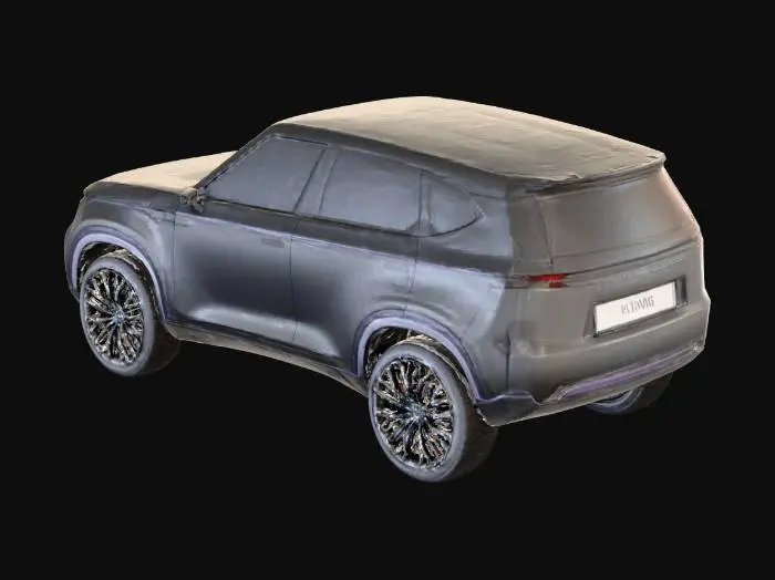 3D model for Футуристическая 3D-модель премиального внедорожника. Кузов выполнен из матового черного композитного материала с легкой сатиновой текстурой, поглощающей свет. Вдоль кузова и колесных арок встроены тонкие полосы едва заметного темного свечения. Окна полностью заменены непрозрачными, интегрированными черными панелями, создавая монолитный и бесшовный дизайн. Диски имеют сложный, многоспицевый рисунок, усиливая высокотехнологичный образ.