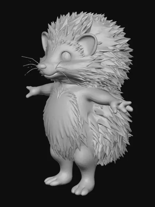 3D model for боевого еж с телом гуманойда. Иголки рисовать на голове толстыми локонами в стиле аниме. Лицо сделать милым. ноги и руки сделать короче чем у человека, без одежды и без оружия