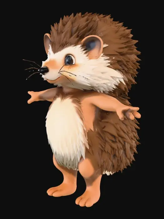 3D model for боевого еж с телом гуманойда. Иголки рисовать на голове толстыми локонами в стиле аниме. Лицо сделать милым. ноги и руки сделать короче чем у человека, без одежды и без оружия