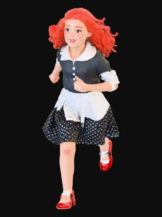 3D model for red headed teen girl wearing a 1950s outfit, running away as if she were being chased