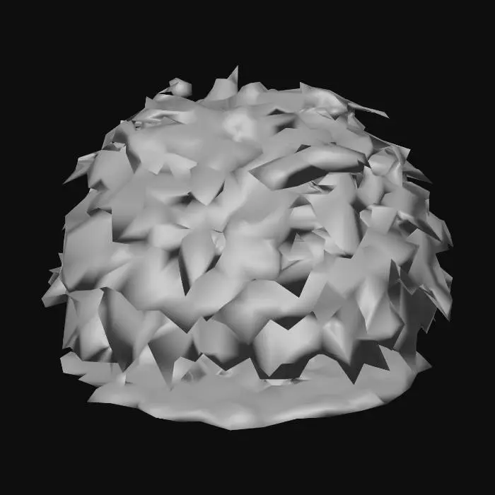 3D model for Create a highly detailed 3D model of a dense, dome-shaped shrub ivy about 1–1.5 m tall. The plant has many distinct, glossy dark-green leaves with pointed tips, wavy edges, and visible veins. Leaves overlap naturally, showing realistic variation in size and color from deep green to lighter new growth. Include clusters of small, pale green to greenish-white star-shaped flowers arranged in spherical umbels on thin stems above the foliage. Some flower buds should remain closed. The base shows a few woody stems blending into soil or mulch. Emphasize realistic texture, subtle translucency, and clear separation between leaves and flowers for natural depth and high botanical accuracy.