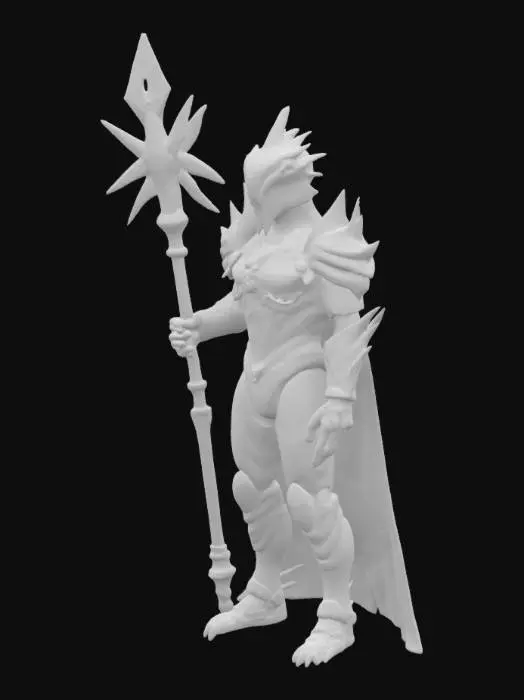 3D model for 17-year-old boy in a sleek, black and crimson high-tech tyrannosaur-themed battle suit. Full-face smooth helmet with glowing gold visor, seamless and aerodynamic. Glowing orange tribal circuits on armour. Jagged crimson cape with glowing patterns. Holding a tall obsidian-metal sceptre with a glowing red core.