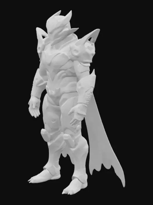 3D model for Create a futuristic 3D armored suit called the Tyranno Key Armor, inspired by the sleek, smooth design of the Netflix Ultraman suit. The armor features metallic red and gunmetal silver segmented plating with glowing blue energy lines. The helmet is streamlined and aerodynamic like Ultraman’s, with a smooth, polished surface and a retractable visor that slides seamlessly over glowing eyes. Subtle T. rex motifs appear as textured accents rather than bulky shapes. The suit includes a bone-like energy sceptre with power cores and a regal holographic cape with shifting dinosaur-scale textures from blue to red. Emphasize muscular agility, clean topology, and animation-ready geometry under dramatic sci-fi lighting.

